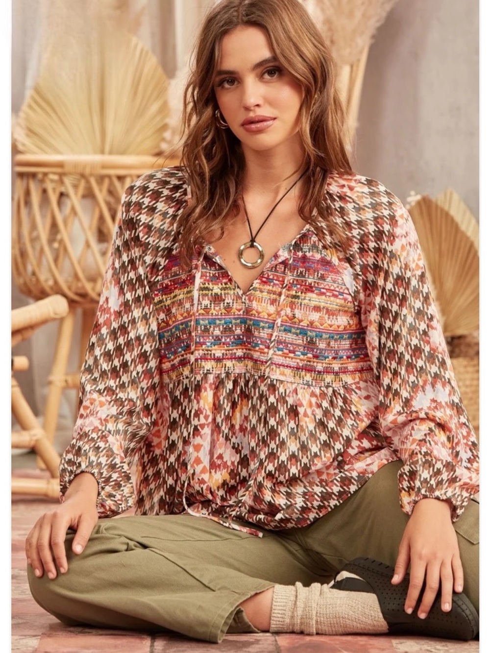 Geometric Embroidered Long Sleeve Top by Savanna Jane